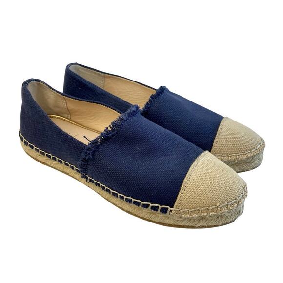 J. MCLAUGHLIN Shoes Espadrille Redding Canvas Flat Loafer Fringe Navy Tan 6.5 - Picture 1 of 10